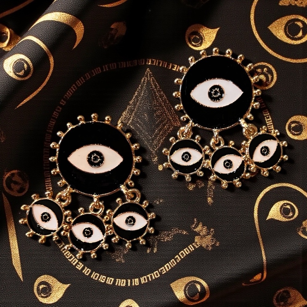Chic Black and Gold Toned Evil Eye Dangling Earrings - Picture 5 of 17